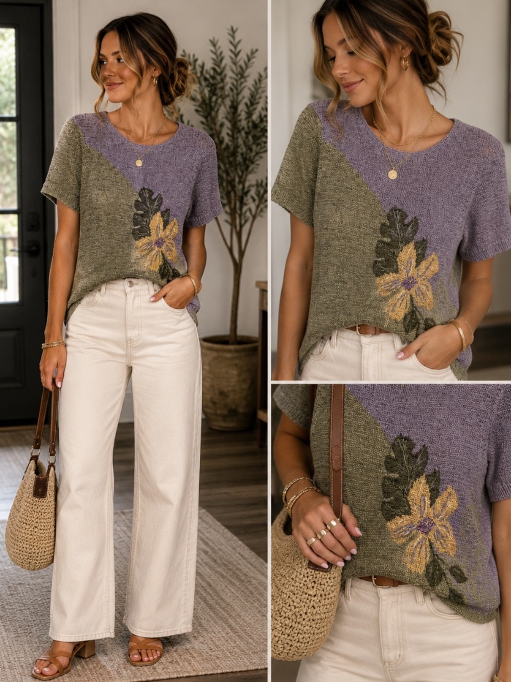 Vintage Koret Lavender and Olive Floral Knit Tee/sweater